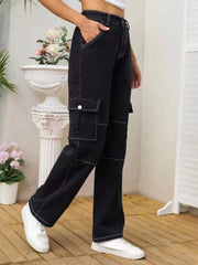 Aiertu black sweater dress outfit Personalized Street Style Multi-Pocket Straight Jeans Women's Black Overalls aiertu