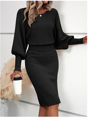 Aiertu black sweater dress outfit Women's Knitted Sweater Dress Elegant round Neck Long Sleeve Sexy Solid Color Waist Slimming Sheath Skirt aiertu