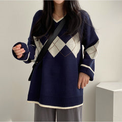 Aiertu tyler the creator outfits Rhombic Loose Pullover Sweater Women's Early Spring Korean Style round Neck Long Sleeve Top Coat Fashion aiertu
