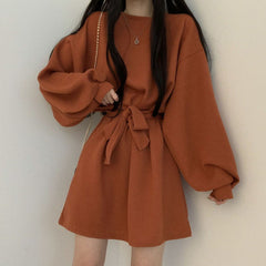 Aiertu black leggings outfit fall Autumn and Winter Ghost Horse Girl Loose Slimming Lantern Sleeve Long Sleeve Dress Female Trendy Small aiertu