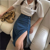 Aiertu guys in skirts Denim Skirt Women's Fashionable Slim-Fit One-Step Hip Skirt Split Mid-Length High Waist plus Size Long Skirt aiertu