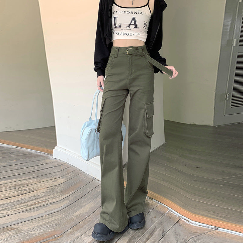Aiertu datenight fall outfits Autumn and Winter American Street Retro Stitching Belt High Waist Large Pocket Micro Pull Tooling Casual Pants for Women aiertu