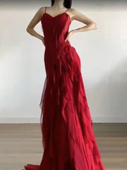 Aiertu - Sexy Mermaid Spaghetti Straps Red Chiffon Ruffles Birthday Dresses Long Prom Dress HOT1160 Aiertu