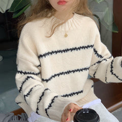 Aiertu fall outfits Retro Japanese Style Lazy Loose Sweater Women's Thickened Autumn and Winter Long Sleeve Striped Half Turtleneck Sweater aiertu