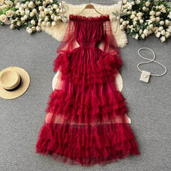 Aiertu summer outfits inspo French Style High-Grade Ruffled Mesh Cake Dress Women's Waist Slimming Temperament off-Shoulder Super Fairy Long Skirt aiertu