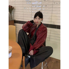Aiertu guys clothing styles American Retro Angora Red Leather Coat Women's Autumn and Winter High Street Style Loose Meat Covering Leather Jacket Top aiertu