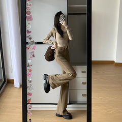 Aiertu men’s outfits Autumn and Winter Khaki Brown High Waist Micro Flared Jeans Women's Jeans Women aiertu