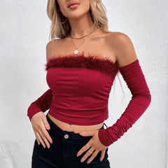 Aiertu leapord halloween outfit Women's Summer Retro Fur Collar Tube Top Long-Sleeved Top off-the-Neck Backless off-Shoulder Top aiertu
