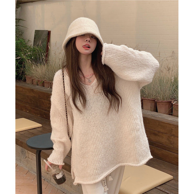 Aiertu 2000s fashion Korean Style Lazy V-neck Pullover Split on Both Sides Slimming Long Sleeve Sweater aiertu