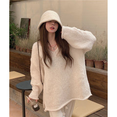 Aiertu 2000s fashion Korean Style Lazy V-neck Pullover Split on Both Sides Slimming Long Sleeve Sweater aiertu