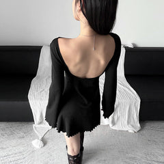 Aiertu leapord halloween outfit Style Autumn Women's Clothing Solid Color Slim High Waist Fashion round Neck Long Sleeve Backless Dress aiertu