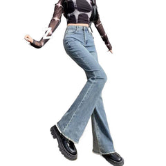 Aiertu fall outfits women Spring and Autumn Retro Blue Micro Flared Pants Women's High Waist Slimming Wide Leg American Hot Girl Frayed Horseshoe Pants Autumn Stretch Pants aiertu
