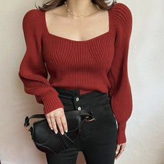 Aiertu business casual outfits Bottoming Shirt Lantern Sleeve Short Pullover Sweater Top Women's Style Autumn and Winter French Niche Square Collar Sweater Women aiertu