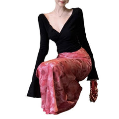 Aiertu hoco dresses Sexy Hot Girl Deep V-neck Cross Sweater Vintage Satin Printed Fishtail Skirt Suit aiertu