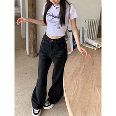 Aiertu joker costume female outfit Black Wide-Leg Jeans Women's Spring and Autumn High Waist Loose Straight Pear-Shaped Cross-Covering Slimming Draping Mop Pants aiertu