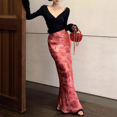 Aiertu hoco dresses Sexy Hot Girl Deep V-neck Cross Sweater Vintage Satin Printed Fishtail Skirt Suit aiertu