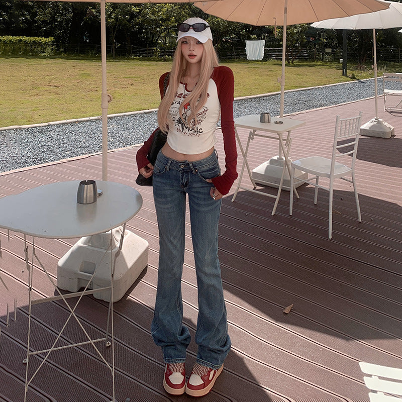 Aiertu y2k outfits Autumn and Winter American Retro Hot Girl Low Waist Flared Pants Simple Slim Slimming Stretch Jeans aiertu