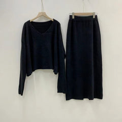 Aiertu duo costumes Women's Korean-Style Chic Autumn and Winter Gentle Temperament V-neck Pullover Sweater + High Waist Slimming Sheath Half-Length aiertu