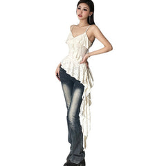 Aiertu dress to impress outfits Waste Soil Style Unique Chic Distressed Handmade Worn Camisole Women's Summer Ruffled Stitching Irregular Top aiertu