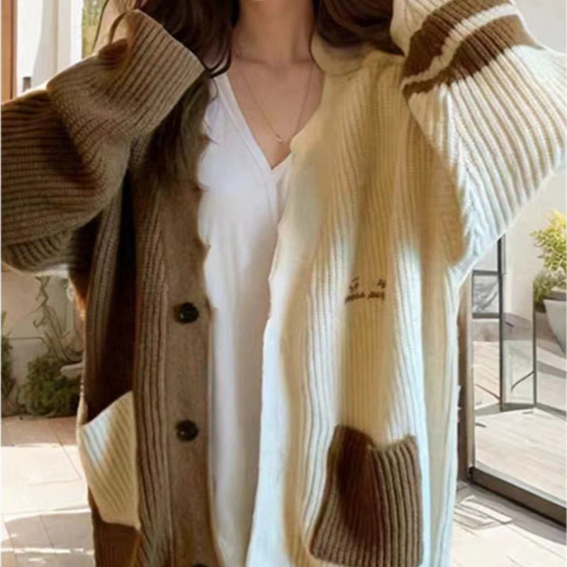Aiertu cold weather outfits Contrast Color Stitching Knitted Cardigan 2024 Autumn and Winter Korean Style Large Loose Lazy Style Sweater Coat aiertu