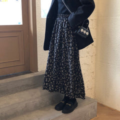 Aiertu midi skirt outfit fall French Retro Chiffon Floral Skirt Black Skirt Women's Spring and Summer Mid-Length Drape Slimming Long Skirt aiertu