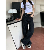 Aiertu joker costume female outfit Black Wide-Leg Jeans Women's Spring and Autumn High Waist Loose Straight Pear-Shaped Cross-Covering Slimming Draping Mop Pants aiertu