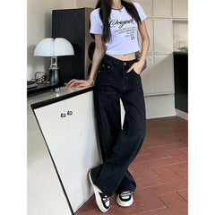 Aiertu joker costume female outfit Black Wide-Leg Jeans Women's Spring and Autumn High Waist Loose Straight Pear-Shaped Cross-Covering Slimming Draping Mop Pants aiertu