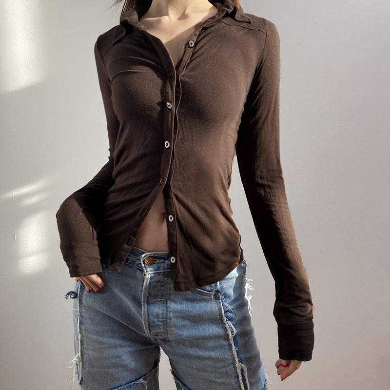 Aiertu 2000s fashion New Brown Split Slim-Fit Long-Sleeved Shirt Women's Volleyball Button Cardigan Lapel Slimming Bottoming Casual Top aiertu