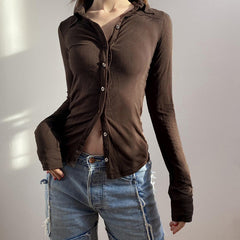 Aiertu 2000s fashion New Brown Split Slim-Fit Long-Sleeved Shirt Women's Volleyball Button Cardigan Lapel Slimming Bottoming Casual Top aiertu