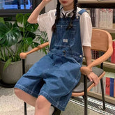 Aiertu Loose Blue Denim Suspender Pants Women's Spring Girlfriends Wear Wide Leg Shorts Slimming Age-Reducing One-Piece Pants aiertu