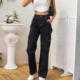 Aiertu black sweater dress outfit Personalized Street Style Multi-Pocket Straight Jeans Women's Black Overalls aiertu