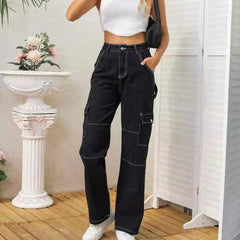 Aiertu black sweater dress outfit Personalized Street Style Multi-Pocket Straight Jeans Women's Black Overalls aiertu