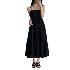 Aiertu church outfit Chic Summer Holiday Style Suspender Skirt Simple Design Pleated Stitching Elastic Waist Solid Color Large Swing Dress aiertu
