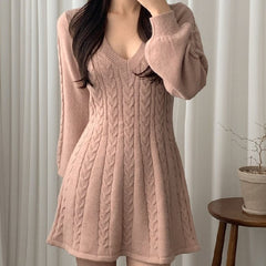 Aiertu long sweater dress outfit Chic Autumn and Winter Vintage Linen Pattern V-neck Tight Waist Slimming Small A- line Knitted Sweater Dress Women aiertu