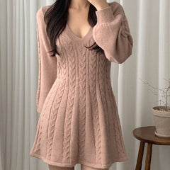 Aiertu long sweater dress outfit Chic Autumn and Winter Vintage Linen Pattern V-neck Tight Waist Slimming Small A- line Knitted Sweater Dress Women aiertu
