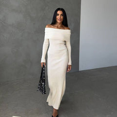 Aiertu long sweater dress outfit Autumn and Winter Elegant Slim-Fit Sheath Slimming off-Shoulder Collarbone Black and White Stripe Knitted Dress aiertu