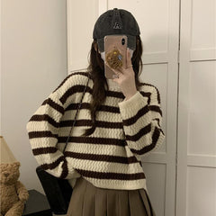 Aiertu joker costume female outfit Sweet Striped Milk Short Sweater Women's Clothing Autumn and Winter Lazy Gentle Wind Wear Top Small aiertu