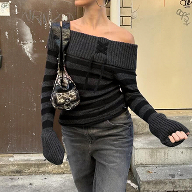Aiertu long sweater dress outfit Y2k Retro Fashion Color Matching Striped Flanging off-Shoulder Chic Lace-up Sweater Personalized Waist Slimming Sweater aiertu