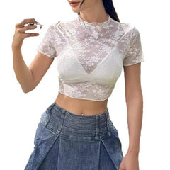 Aiertu dress to impress outfits Elegant Short-Sleeved Lace Dam Flower and Wood Ear Short T-shirt Slimming Top Women's Clothing aiertu