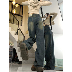 Aiertu guys clothing styles Fleece-lined plus Size Cement Gray Wide-Leg Jeans Women's Autumn and Winter High Waist Loose Slimming Straight Pants aiertu