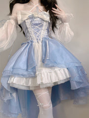 Aiertu Modest Ball Gown Strapless Blue Organza Floral Holiday Lolita Dress Birthday Dresses Birthday Outfits HOT1240 Aiertu