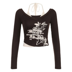 Aiertu fashion outfits Collar Printed Contrast Color Fake Two-Piece T-shirt Autumn Hot Girl Sexy Short Halter aiertu