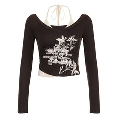 Aiertu fashion outfits Collar Printed Contrast Color Fake Two-Piece T-shirt Autumn Hot Girl Sexy Short Halter aiertu