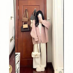 Aiertu fall outfits women Autumn and Winter Creamy-white Lazy Style Sweater Wide Leg Pants High-Grade Three-Piece Suit aiertu