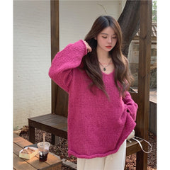 Aiertu 2000s fashion Korean Style Lazy V-neck Pullover Split on Both Sides Slimming Long Sleeve Sweater aiertu