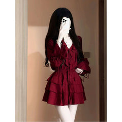 Aiertu leapord halloween outfit French Style White Red Lace V-neck Ruffled Suit Women's Spring High Waist Cake Short Skirt Temperament Two-Piece Set aiertu