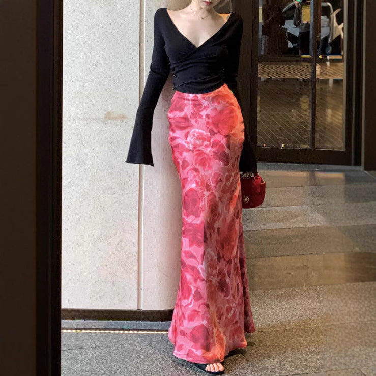 Aiertu hoco dresses Sexy Hot Girl Deep V-neck Cross Sweater Vintage Satin Printed Fishtail Skirt Suit aiertu