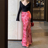 Aiertu hoco dresses Sexy Hot Girl Deep V-neck Cross Sweater Vintage Satin Printed Fishtail Skirt Suit aiertu