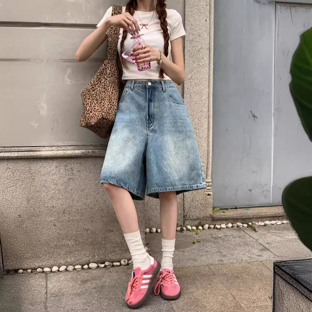 Aiertu fall outfits Summer Washed Blue Light Color Denim Loose Wide Leg Denim Shorts aiertu