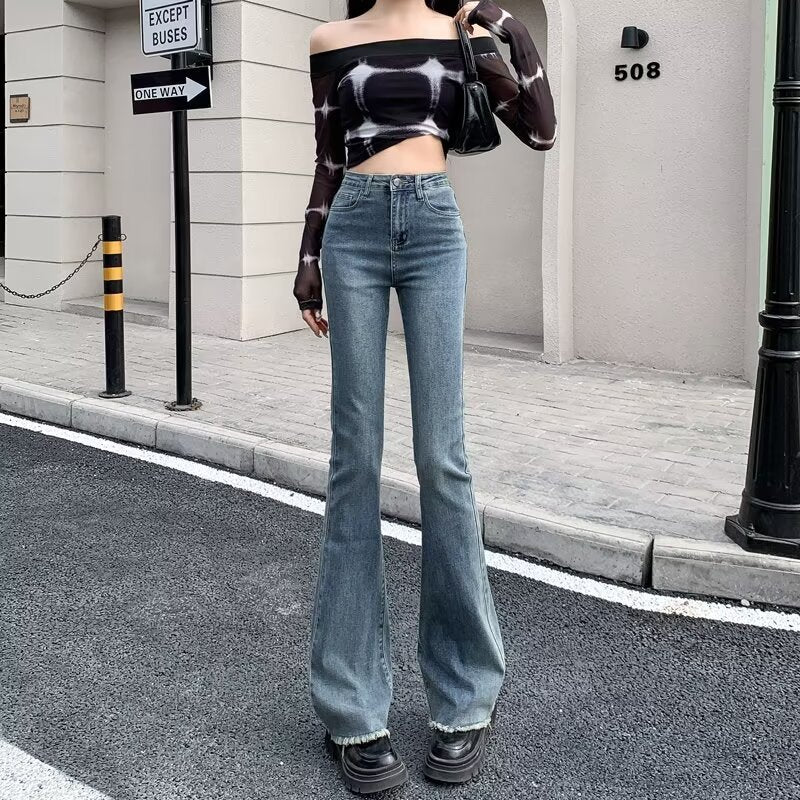 Aiertu fall outfits women Spring and Autumn Retro Blue Micro Flared Pants Women's High Waist Slimming Wide Leg American Hot Girl Frayed Horseshoe Pants Autumn Stretch Pants aiertu